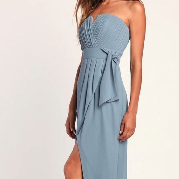 Lulus Easy Elegance Dusty Blue Pleated Strapless Maxi Dress - Picture 4 of 7